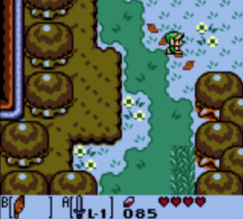 Link at the edge of the swamp, where the forest gives way to blue water tiles and brown trees Link at the edge of the swamp, where the forest gives way to blue water tiles and brown trees