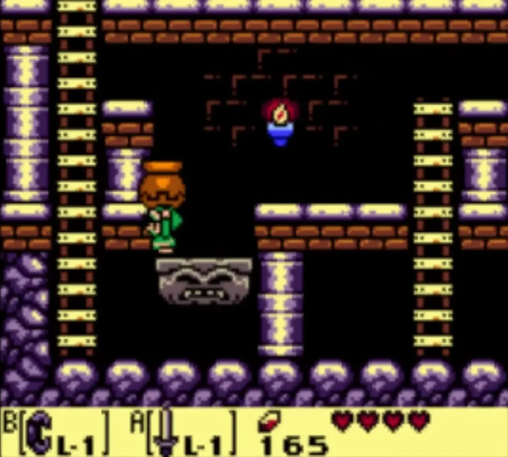 Link carries a pot over the stone platform in the purple underground cavern beside the ladder Link carries a pot over the stone platform in the purple underground cavern beside the ladder