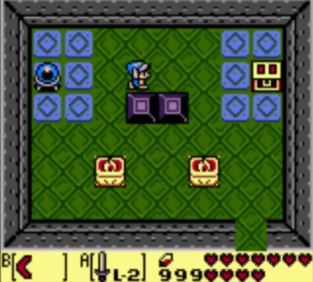 Link above two purple blocks in the Nightmare's Key room before pushing them Link above two purple blocks in the Nightmare's Key room before pushing them