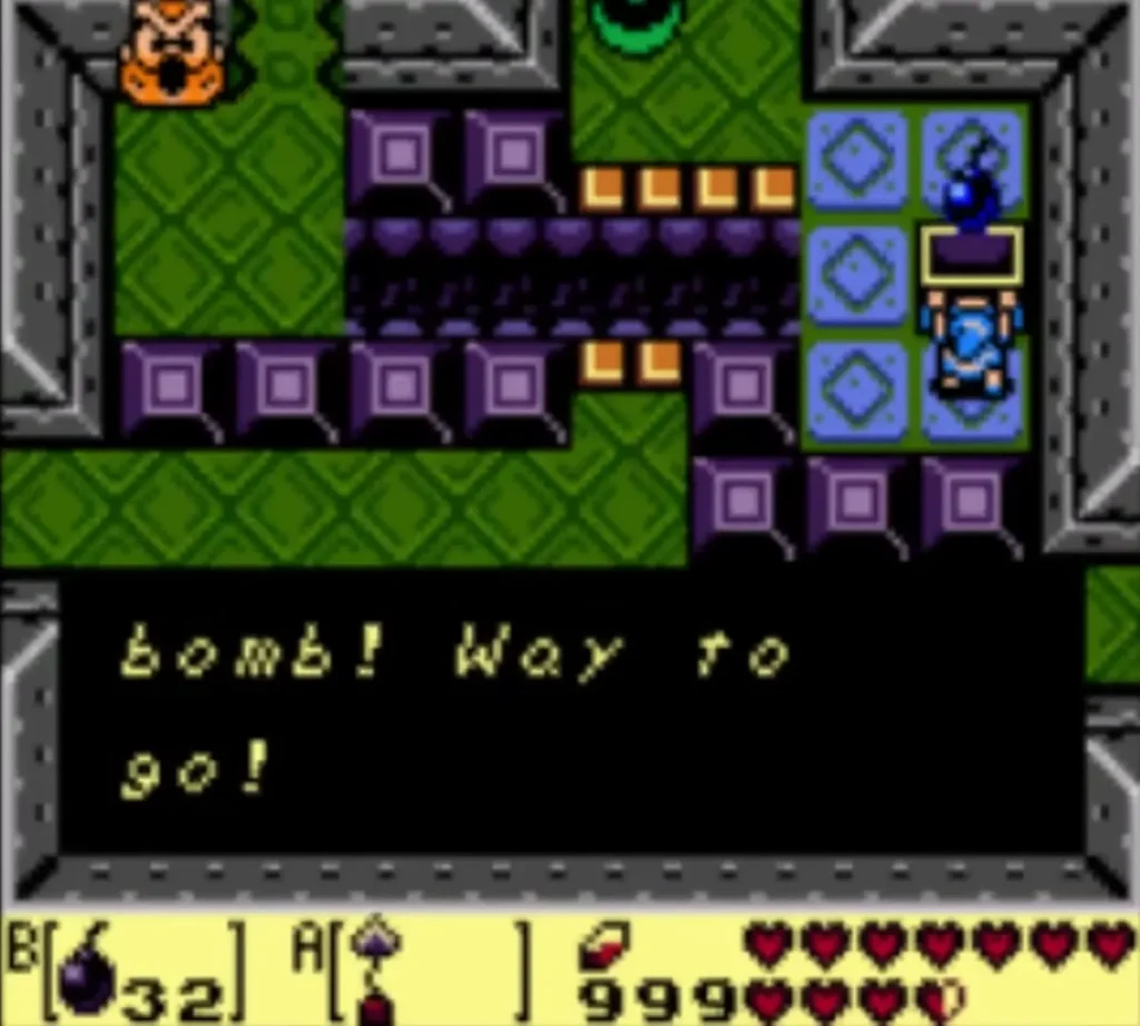 Link holds a bomb above his head after opening the chest; the message reads Way to go Link holds a bomb above his head after opening the chest; the message reads Way to go
