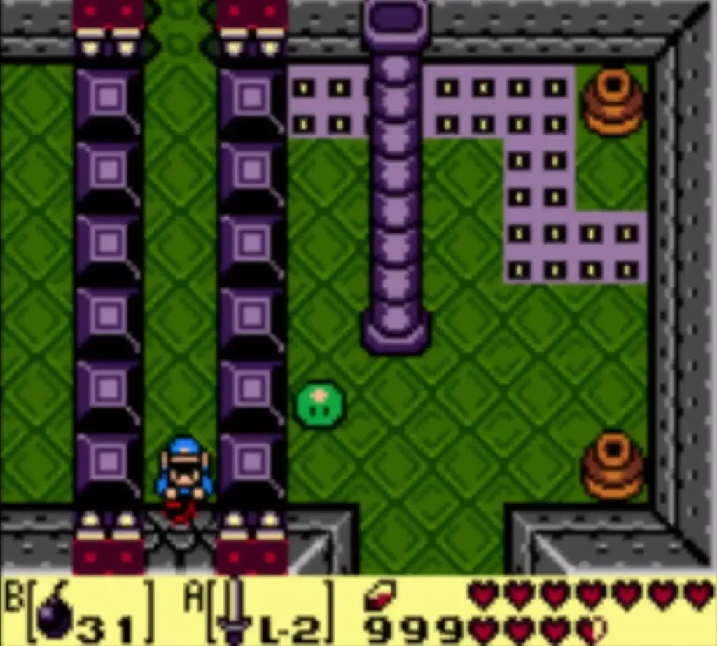 Link at the south wall between two torches in the room with the purple pillar Link at the south wall between two torches in the room with the purple pillar