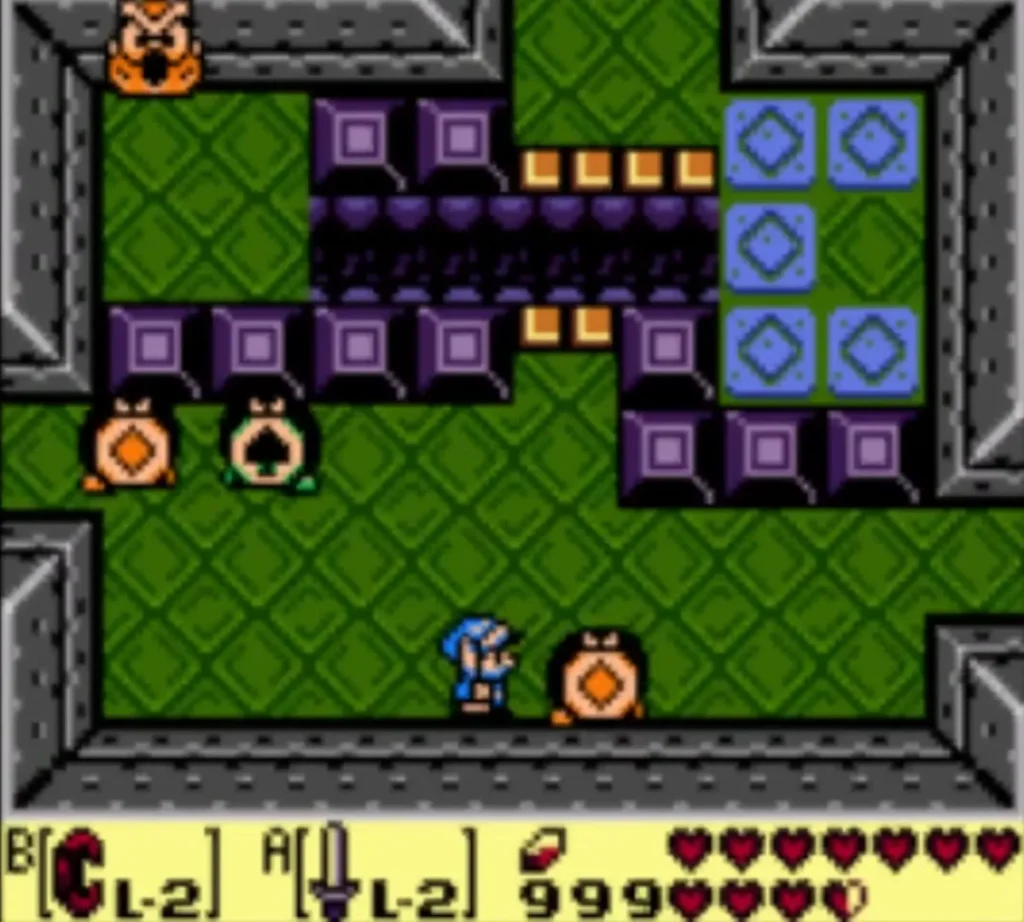 Link among the card-suit enemies in a green room with a pit and purple blocks Link among the card-suit enemies in a green room with a pit and purple blocks