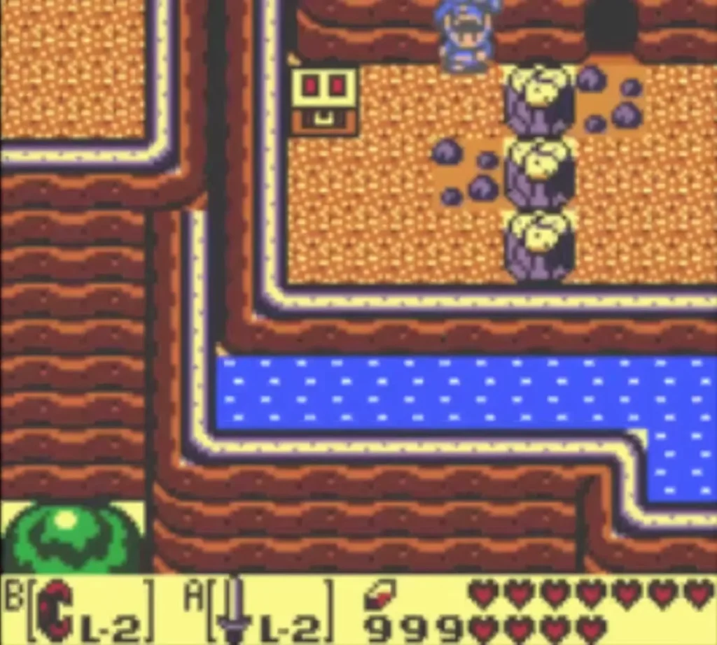 Closed treasure chest beside the round stumps with the river running below Closed treasure chest beside the round stumps with the river running below