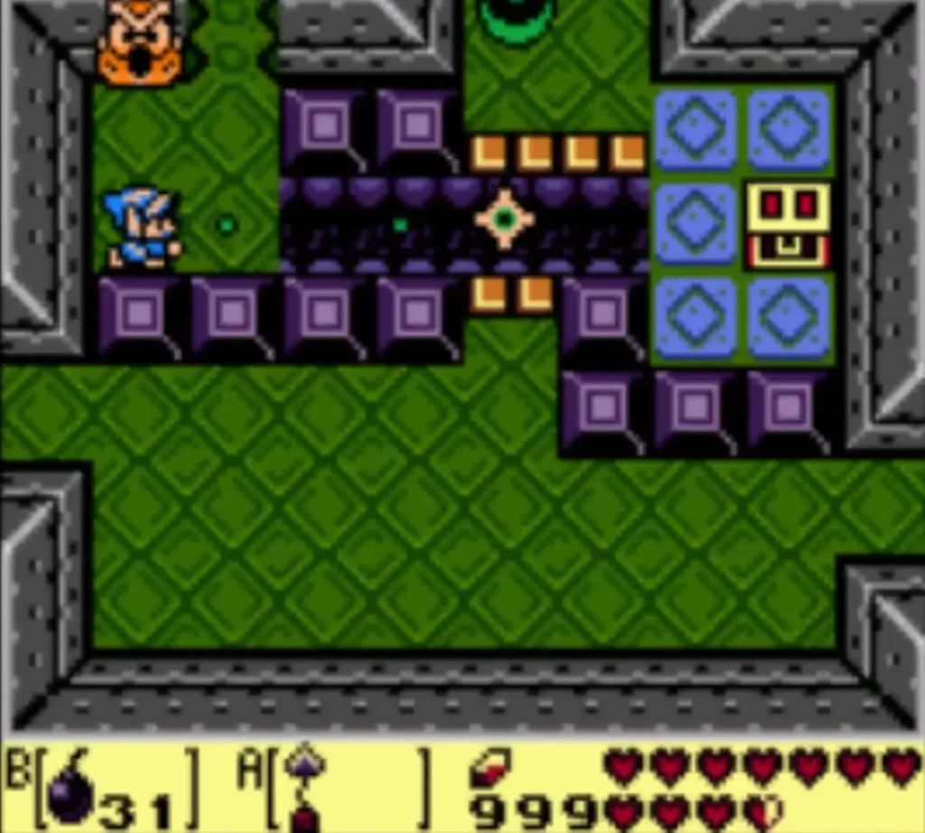 Link in the purple-block room beside the Hookshot chest on the far side Link in the purple-block room beside the Hookshot chest on the far side