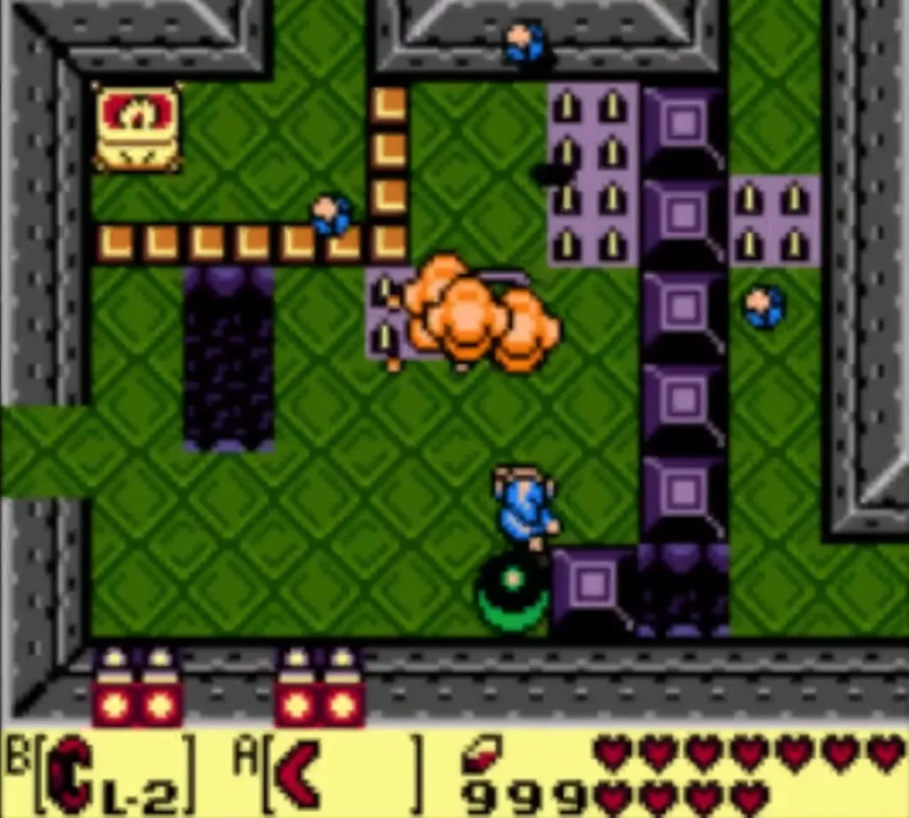 Link beside the black iron ball and the stack of purple pillar blocks in Eagle's Tower Link beside the black iron ball and the stack of purple pillar blocks in Eagle's Tower
