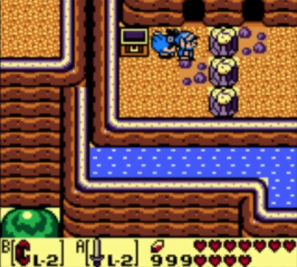 Link beside the open chest by the stumps with the Rooster nearby Link beside the open chest by the stumps with the Rooster nearby