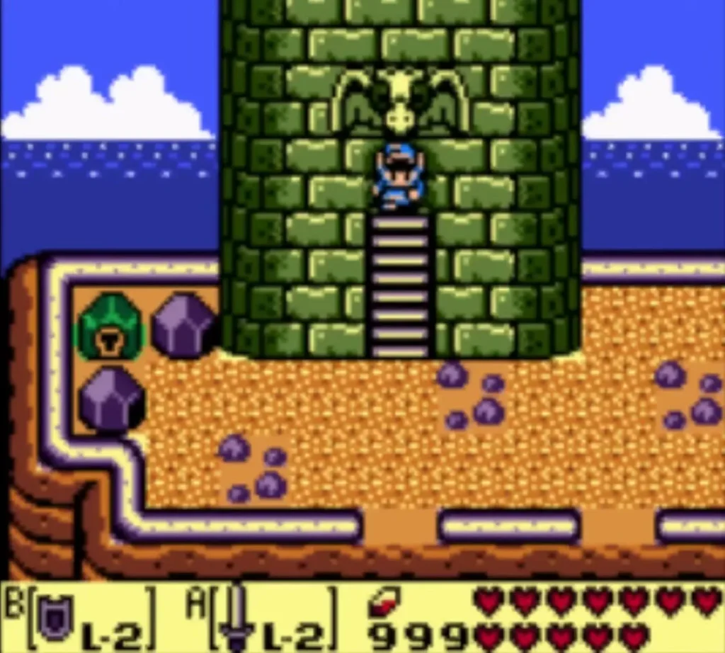 Link standing at the door of the tower with the owl statue carving above it Link standing at the door of the tower with the owl statue carving above it