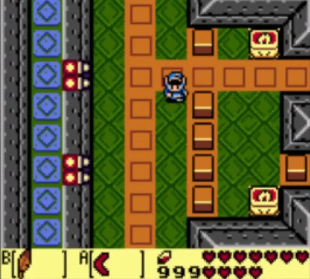 Link in the corridor of Eagles Tower beside a row of orange blocks and a chest Link in the corridor of Eagles Tower beside a row of orange blocks and a chest