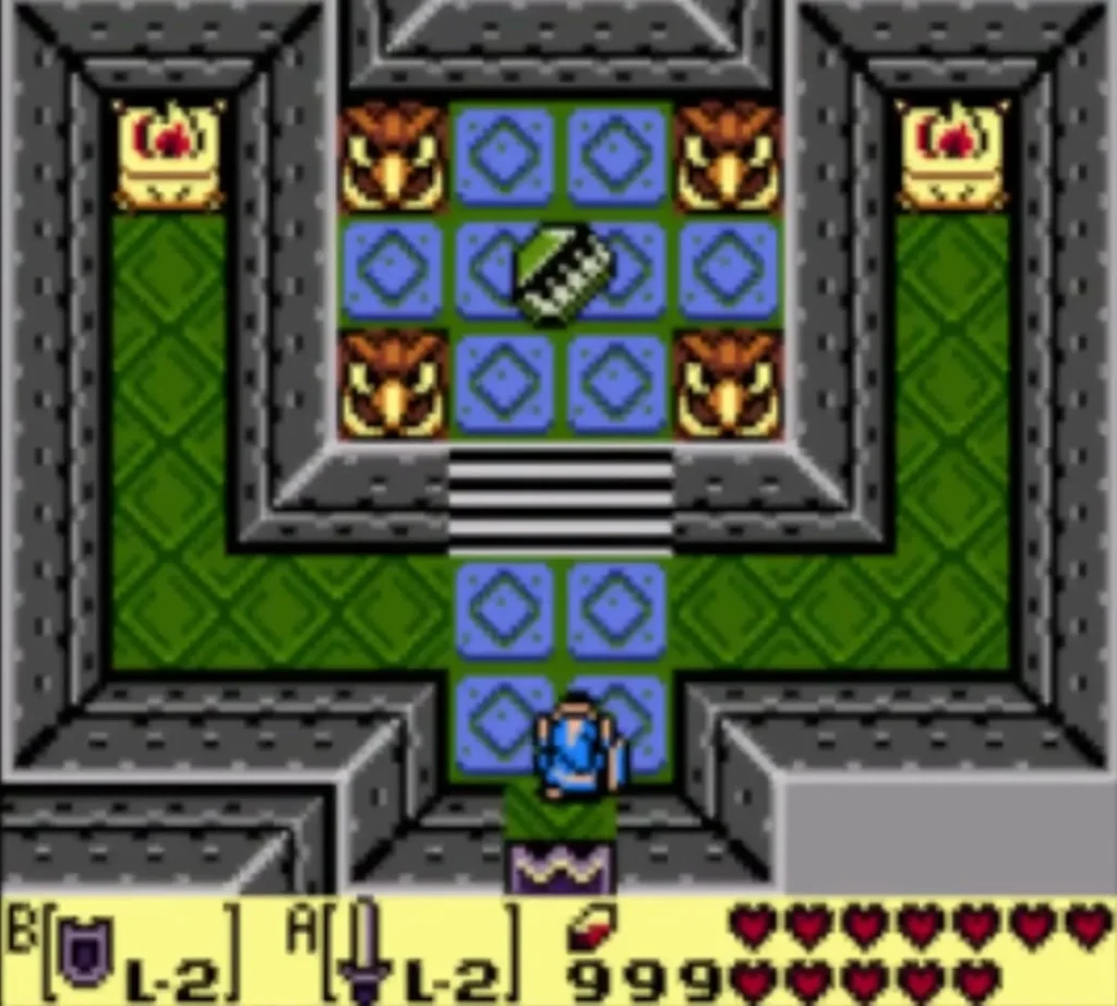 Link at the entrance of the owl-statue room with the Organ of Evening Calm on the blue floor Link at the entrance of the owl-statue room with the Organ of Evening Calm on the blue floor