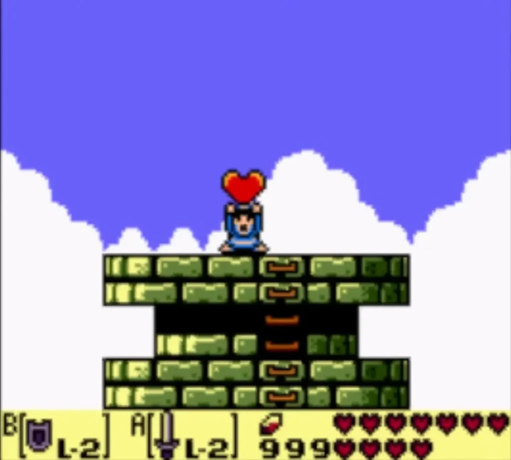 Link holding a Heart Container above his head on the roof of Eagles Tower Link holding a Heart Container above his head on the roof of Eagles Tower