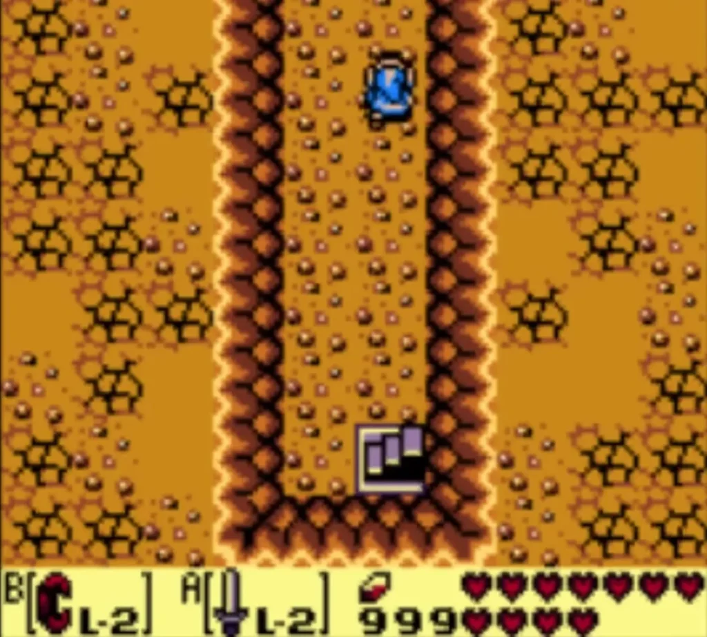 Link at the top of a dirt corridor, with a hidden staircase at the bottom Link at the top of a dirt corridor, with a hidden staircase at the bottom