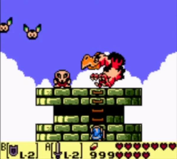 Link on the roof platform as the Evil Eagle dives in from the right Link on the roof platform as the Evil Eagle dives in from the right