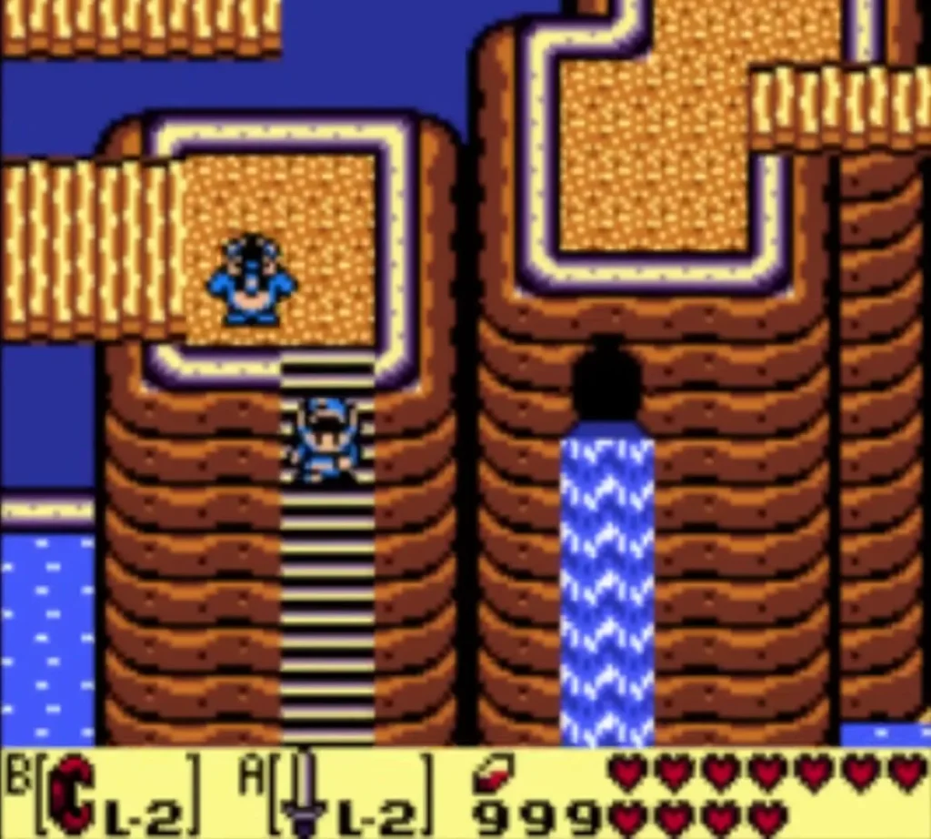 Link climbing the ladder stairs beside the waterfall on the mountain Link climbing the ladder stairs beside the waterfall on the mountain