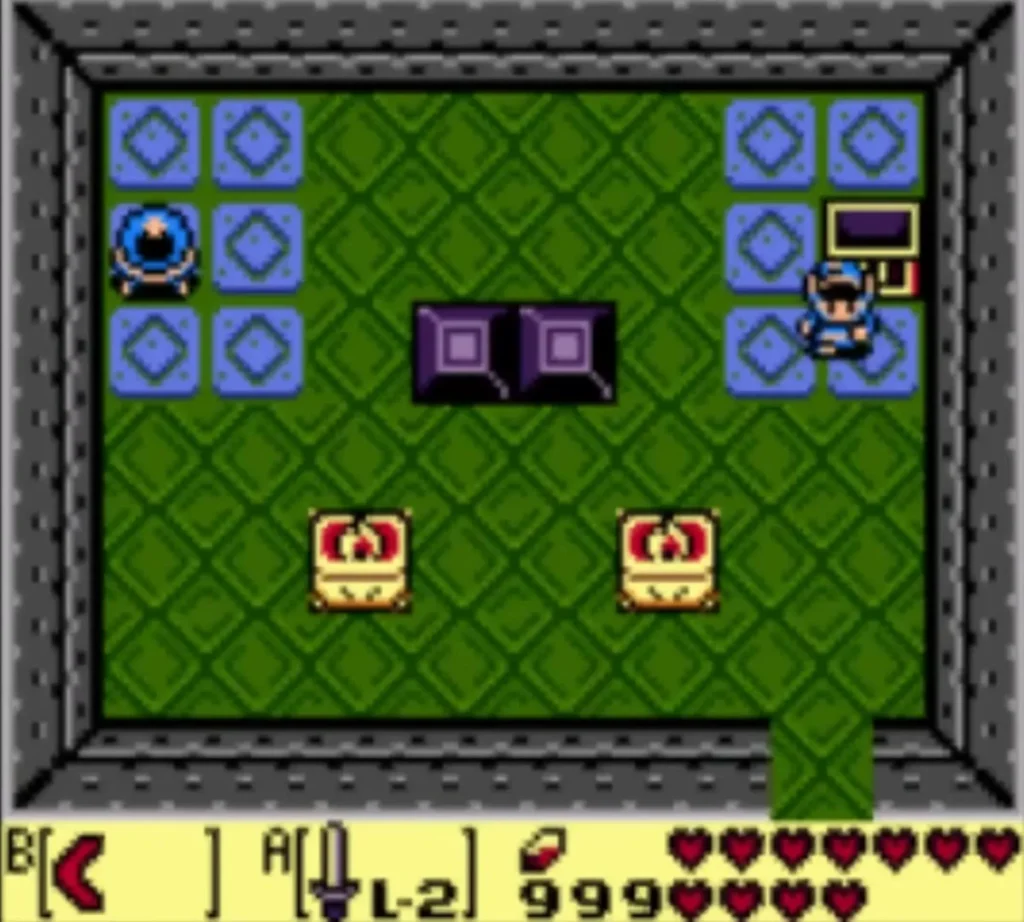 Link standing by the Nightmare Key chest after the purple blocks are pushed together Link standing by the Nightmare Key chest after the purple blocks are pushed together