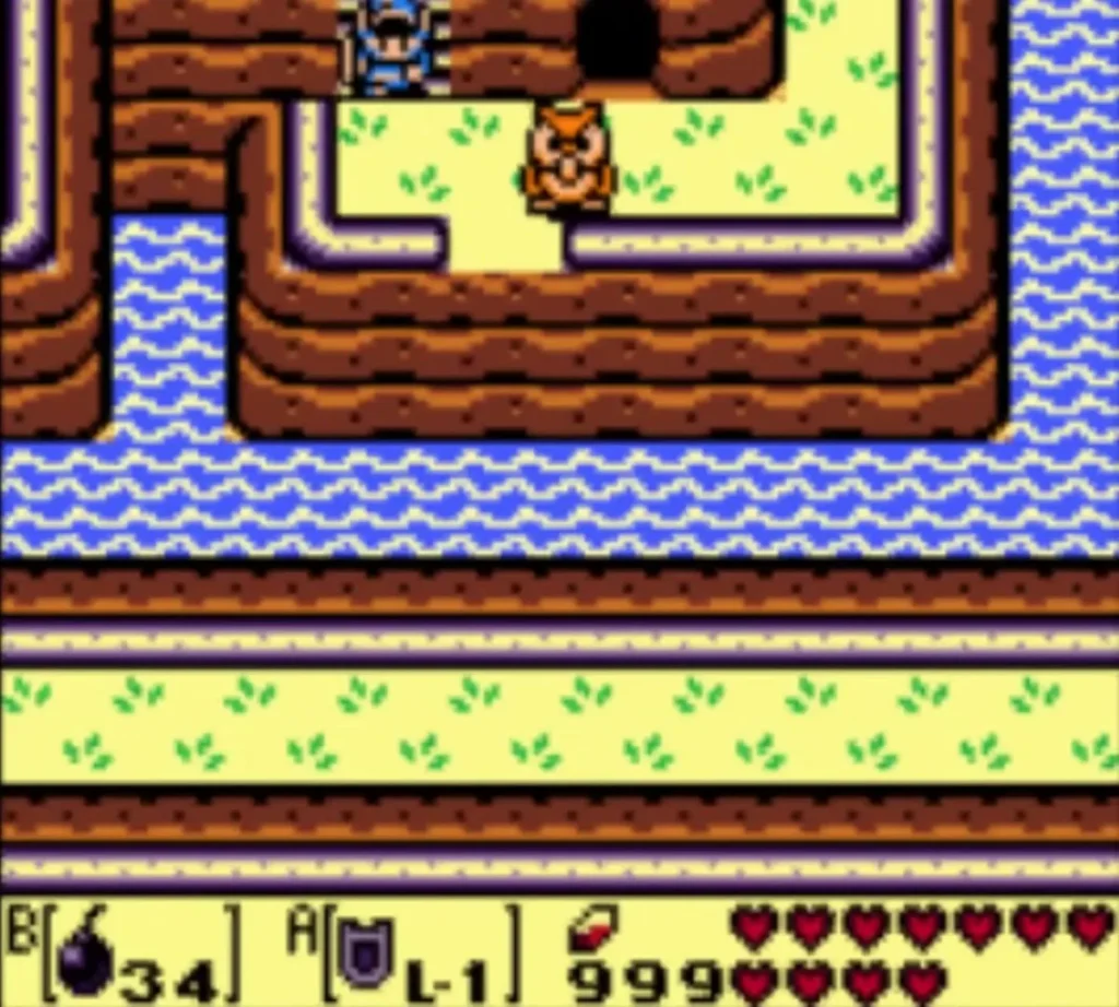 Owl standing on a lake shore ledge with Link at the top of the screen Owl standing on a lake shore ledge with Link at the top of the screen