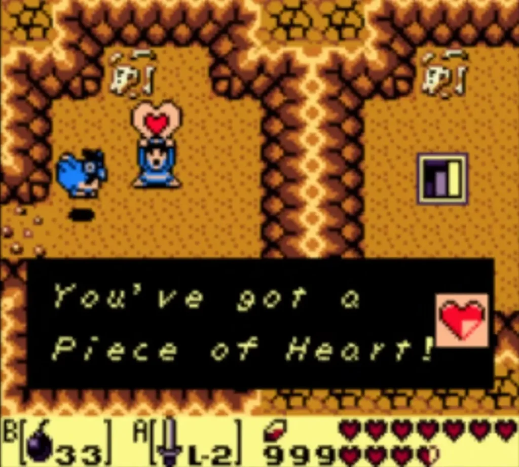 The message box 'You've got a Piece of Heart!' with the heart icon in the cave The message box 'You've got a Piece of Heart!' with the heart icon in the cave