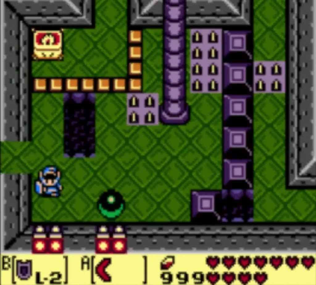 Link with the iron ball in the room of orange blocks, a purple pillar and pits Link with the iron ball in the room of orange blocks, a purple pillar and pits