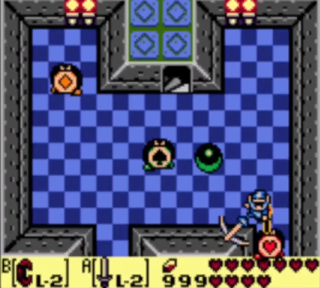 Link fighting the card-suit Three of a Kind enemy in the blue checkered room Link fighting the card-suit Three of a Kind enemy in the blue checkered room