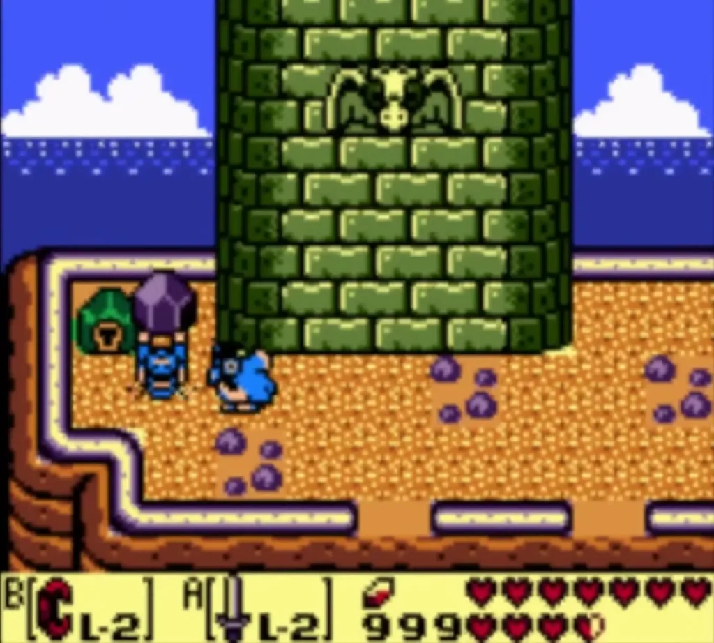 Link and the Rooster beside the purple rock at the foot of Eagle's Tower Link and the Rooster beside the purple rock at the foot of Eagle's Tower