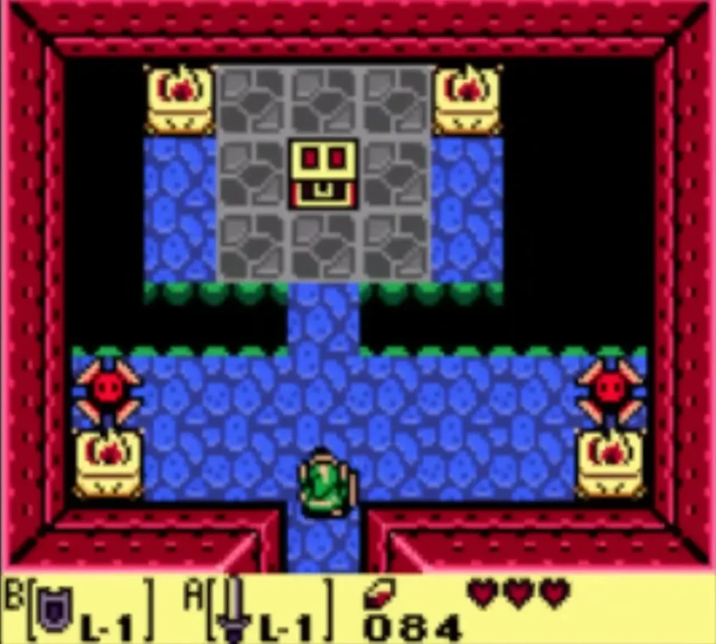 Link at the doorway of a trap room with red spiked Blade Traps in its corners Link at the doorway of a trap room with red spiked Blade Traps in its corners