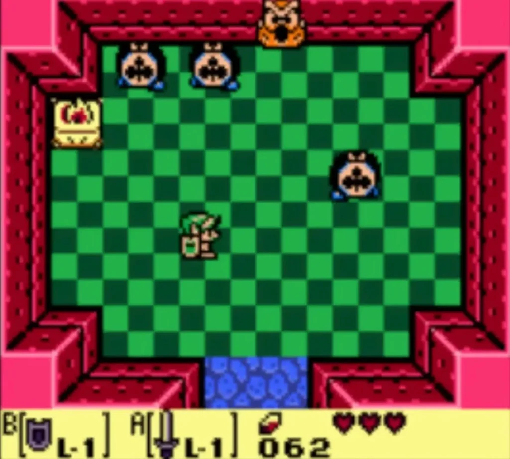 Three card-suit enemies in the green checkered room with Link at its center Three card-suit enemies in the green checkered room with Link at its center