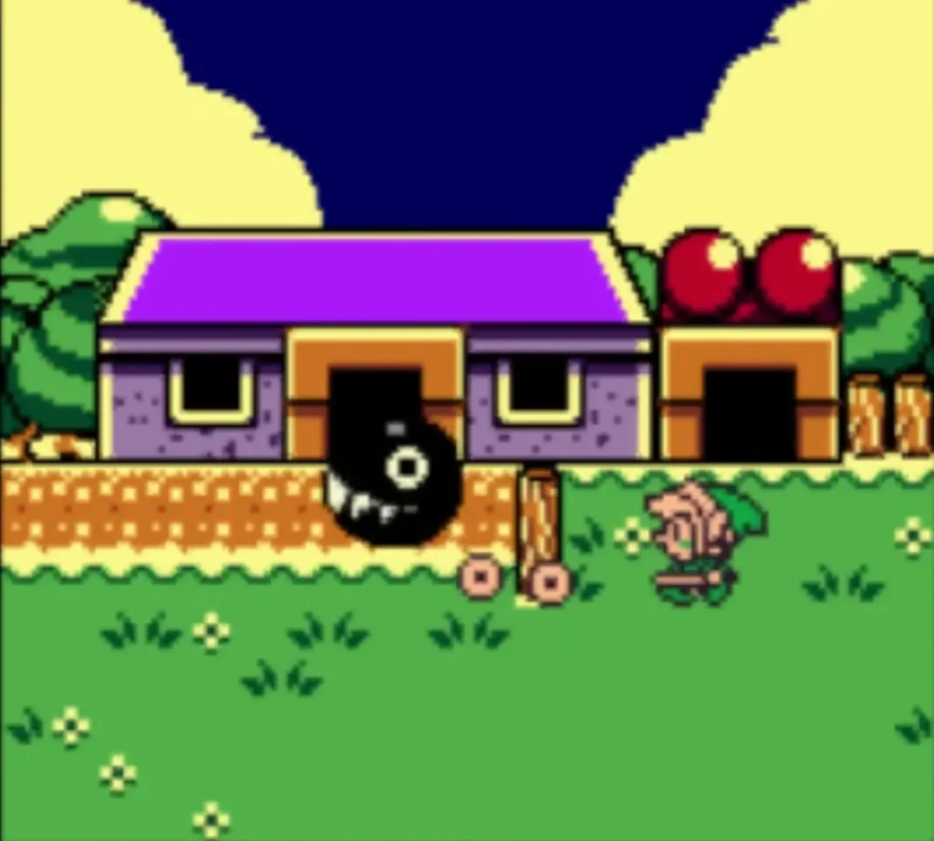 Chain Chomp by the purple-roofed doghouse in Mabe Village Chain Chomp by the purple-roofed doghouse in Mabe Village