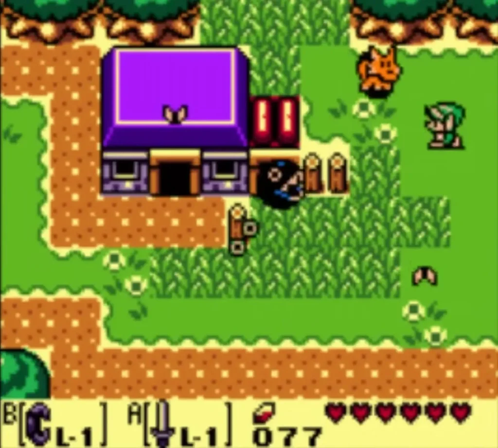 Purple-roofed doghouse in the village with a Chain Chomp beside it Purple-roofed doghouse in the village with a Chain Chomp beside it