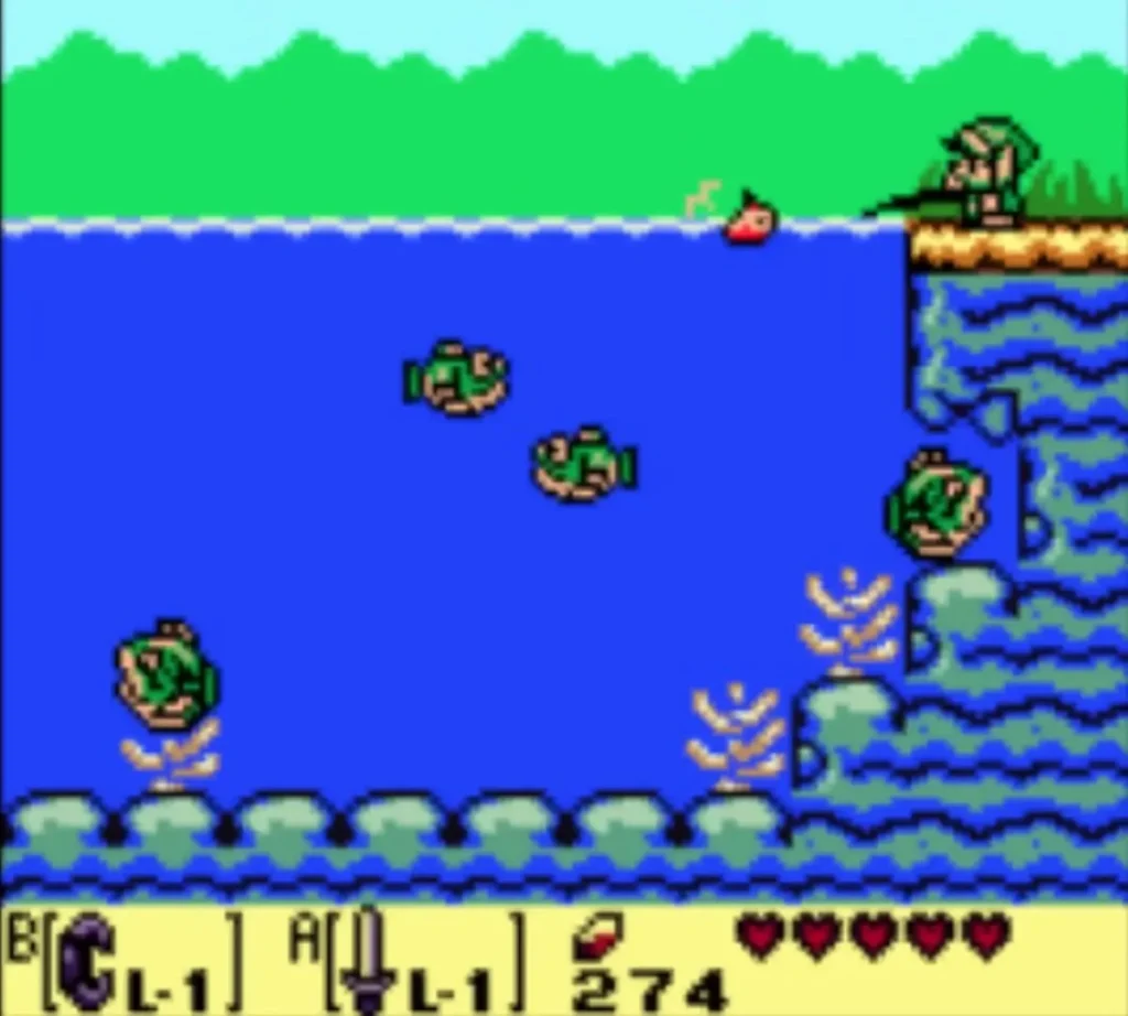 Link fishes from the shore of the Mabe Village pond as a red bobber floats on the water Link fishes from the shore of the Mabe Village pond as a red bobber floats on the water