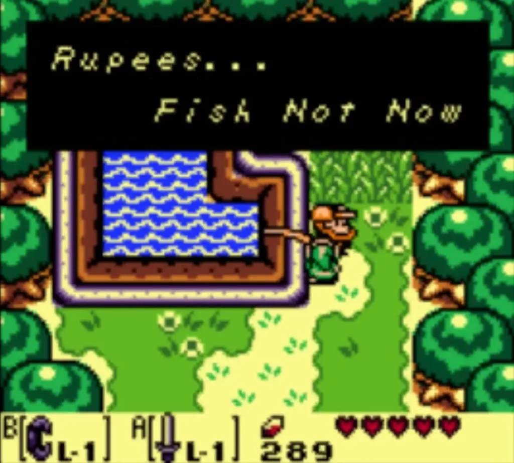 At the fishing pond the owner asks for rupees; the text box offers Fish and Not Now At the fishing pond the owner asks for rupees; the text box offers Fish and Not Now