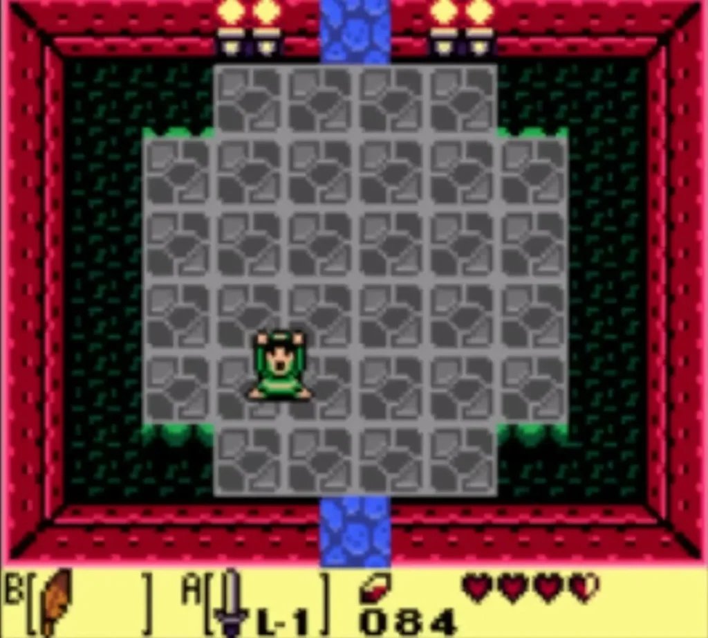 Link stands in the Moldorm room with four hearts on the status bar after collecting the Heart Container Link stands in the Moldorm room with four hearts on the status bar after collecting the Heart Container