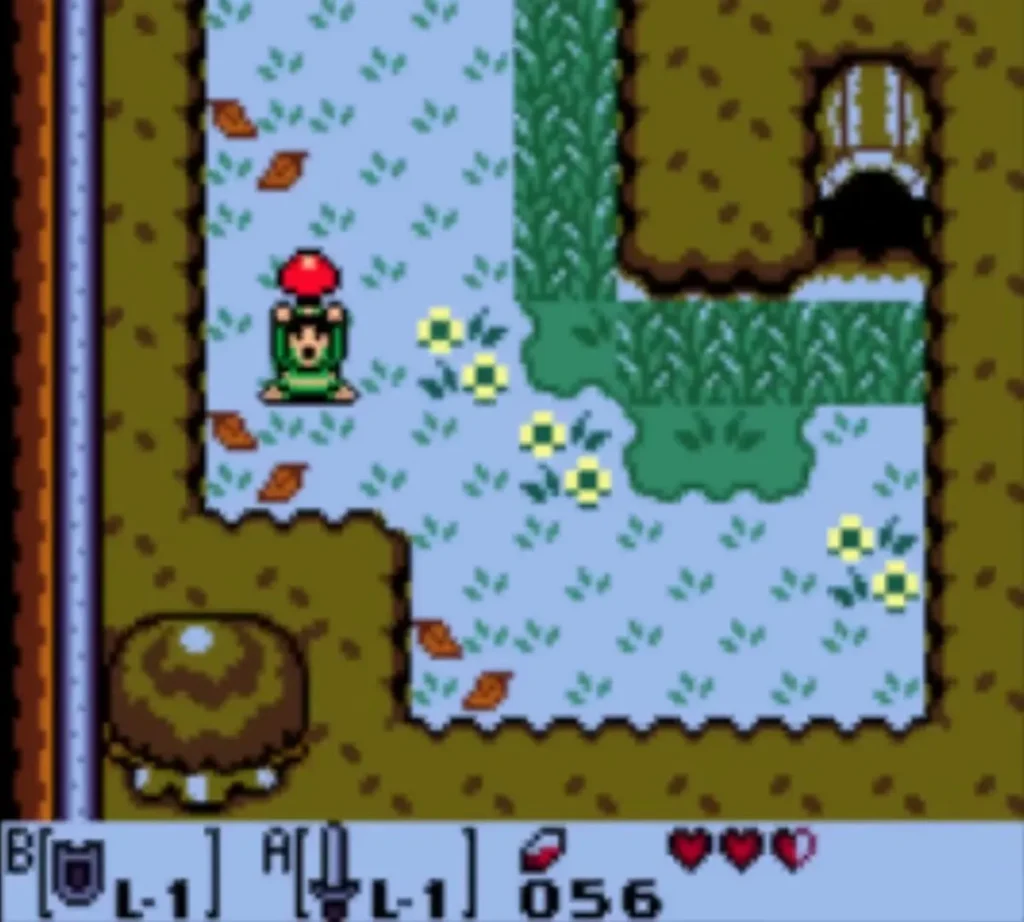Link holds a red Sleepy Toadstool over his head beside the forest pond Link holds a red Sleepy Toadstool over his head beside the forest pond
