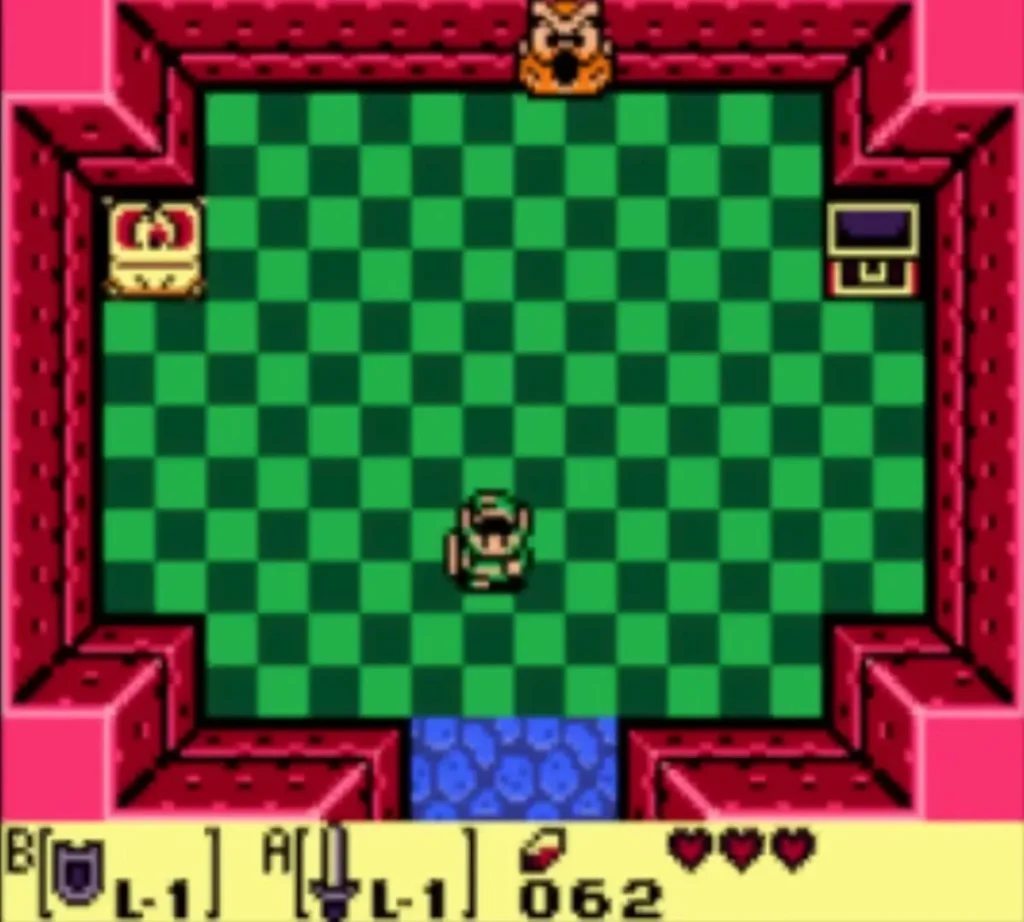 Link stands below the owl statue at the top of the checkered room Link stands below the owl statue at the top of the checkered room