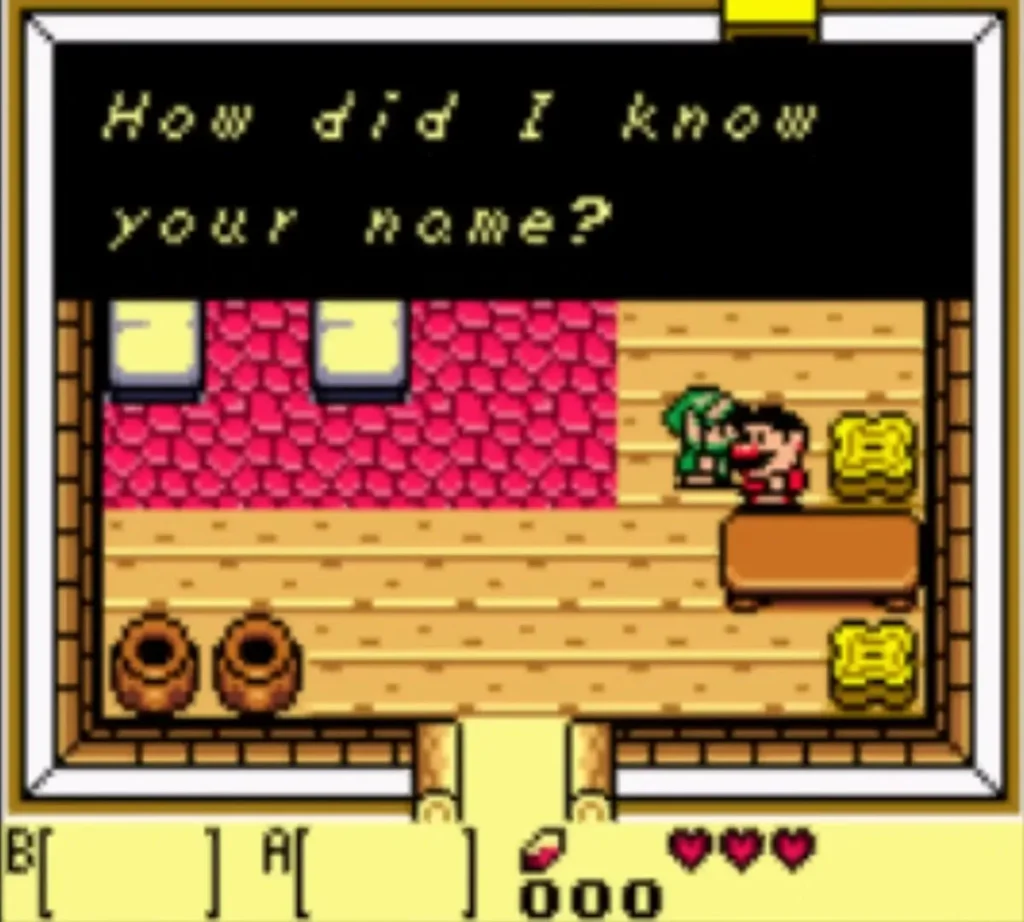 Marin in the Mabe Village house talks with Link; text box reads How did I know your name? Marin in the Mabe Village house talks with Link; text box reads How did I know your name?