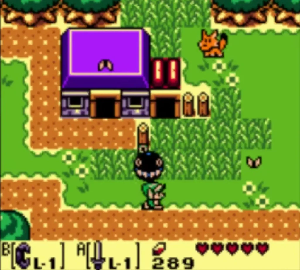 Mabe Village path with a purple-roofed shop and a Chain Chomp in the grass Mabe Village path with a purple-roofed shop and a Chain Chomp in the grass