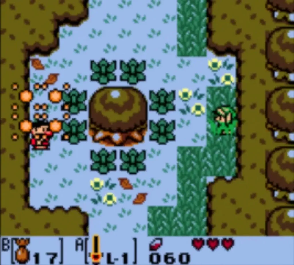 Magic Powder sparkles around the red-clad figure in the forest clearing as Link sprinkles it Magic Powder sparkles around the red-clad figure in the forest clearing as Link sprinkles it