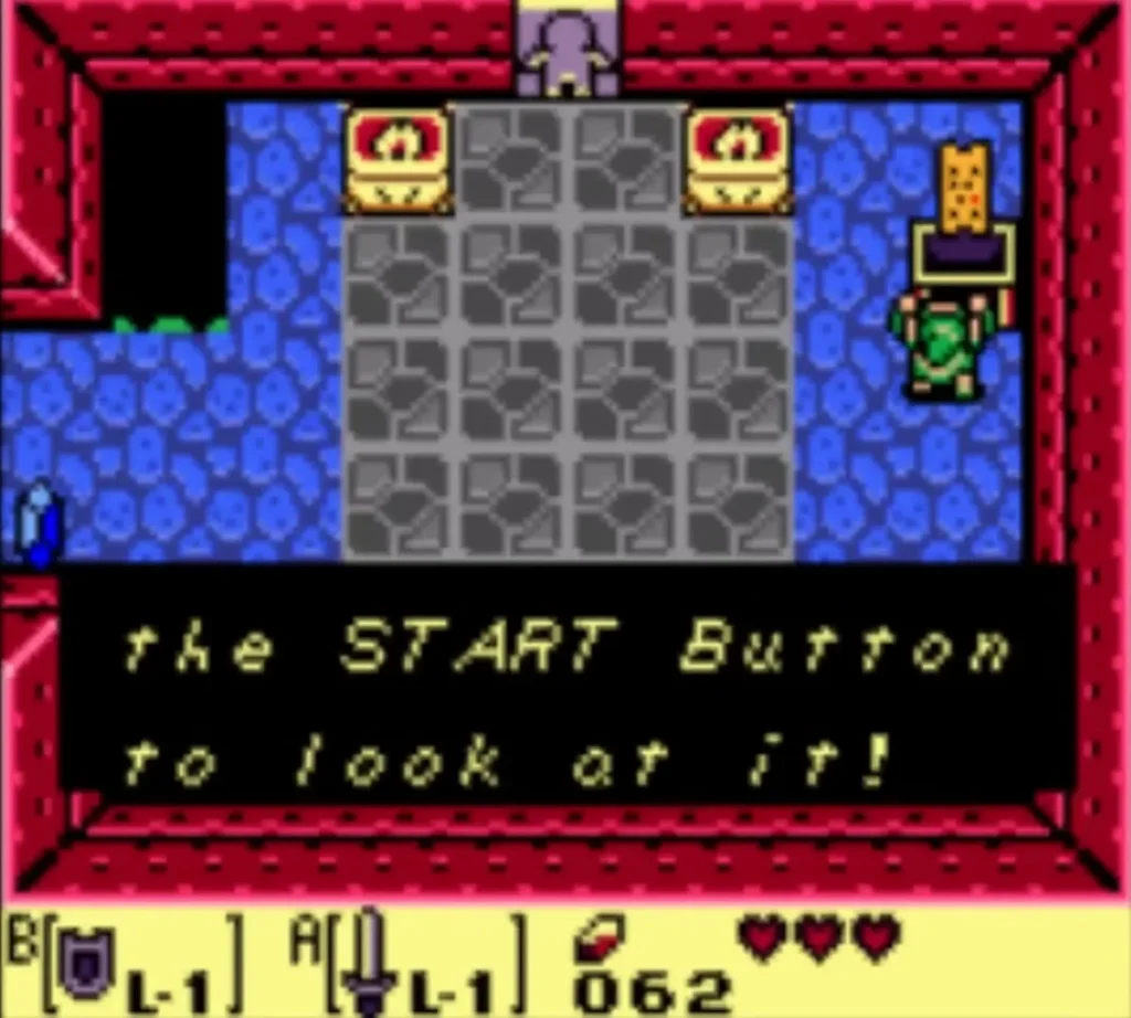 Link holds the Map overhead; the message box reads the START Button to look at it! Link holds the Map overhead; the message box reads the START Button to look at it!