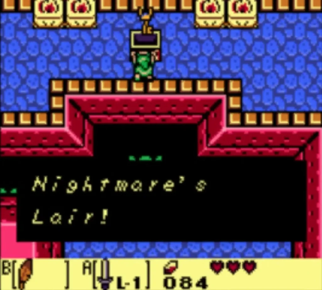 The message box reads Nightmare's Lair! fully typed as Link stands by the chest room The message box reads Nightmare's Lair! fully typed as Link stands by the chest room