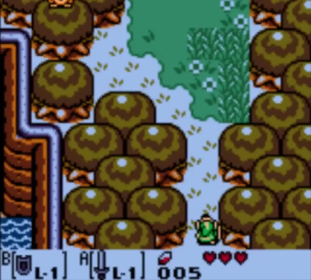 Link walks north into the Mysterious Forest between rows of round trees Link walks north into the Mysterious Forest between rows of round trees