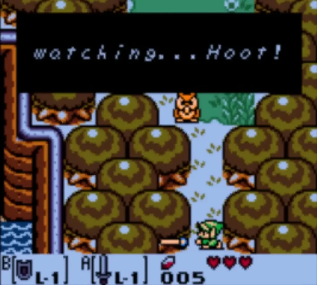 An Owl in the Mysterious Forest; text box reads watching... Hoot! An Owl in the Mysterious Forest; text box reads watching... Hoot!