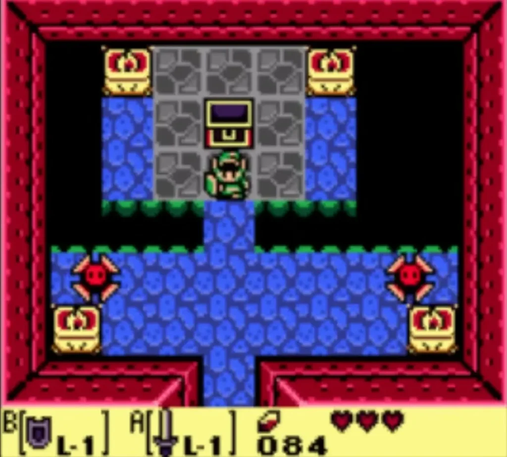 Link stands below the opened chest that holds the Roc's Feather Link stands below the opened chest that holds the Roc's Feather