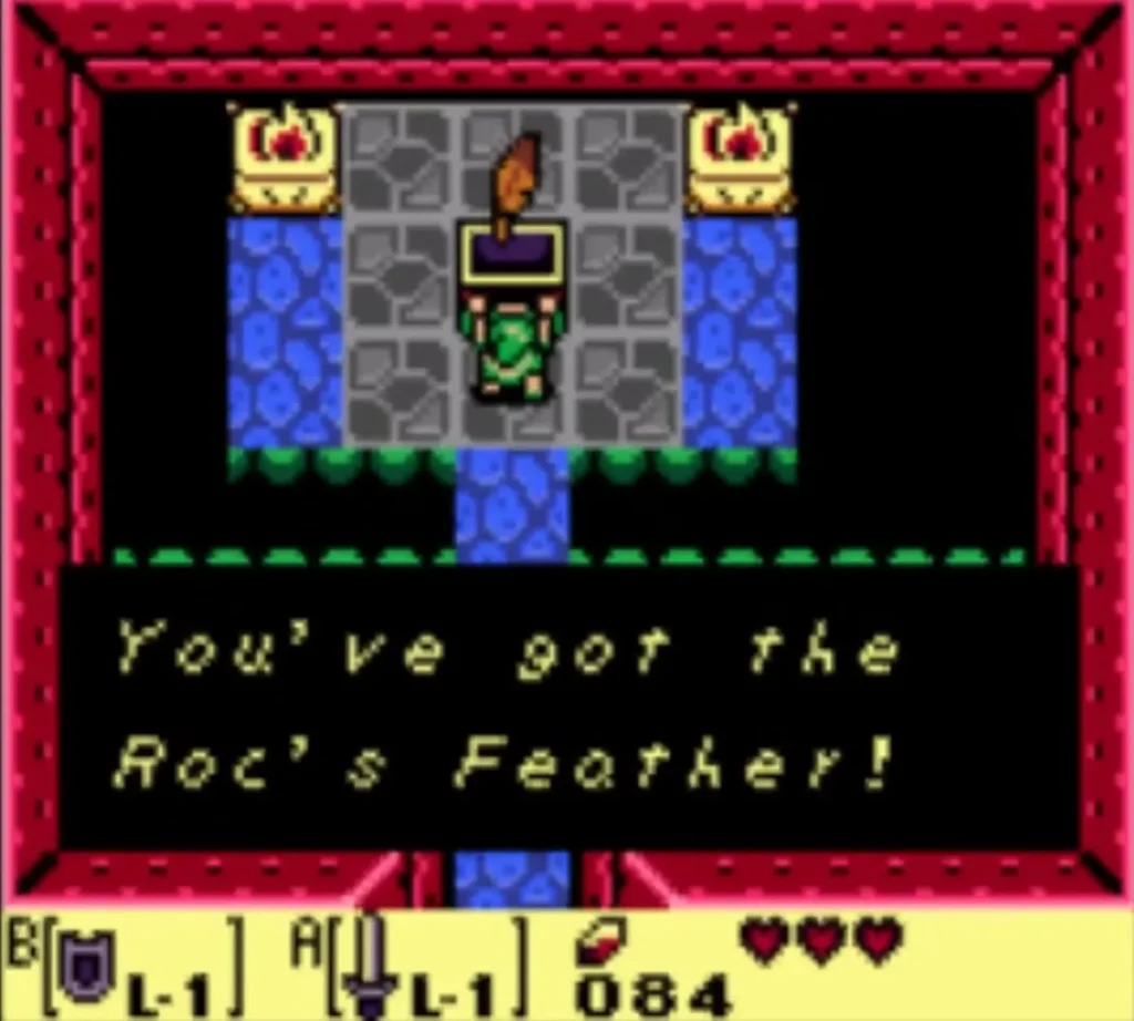 A message box reading You've got the Roc's Feather! is fully typed above Link in the trap room A message box reading You've got the Roc's Feather! is fully typed above Link in the trap room