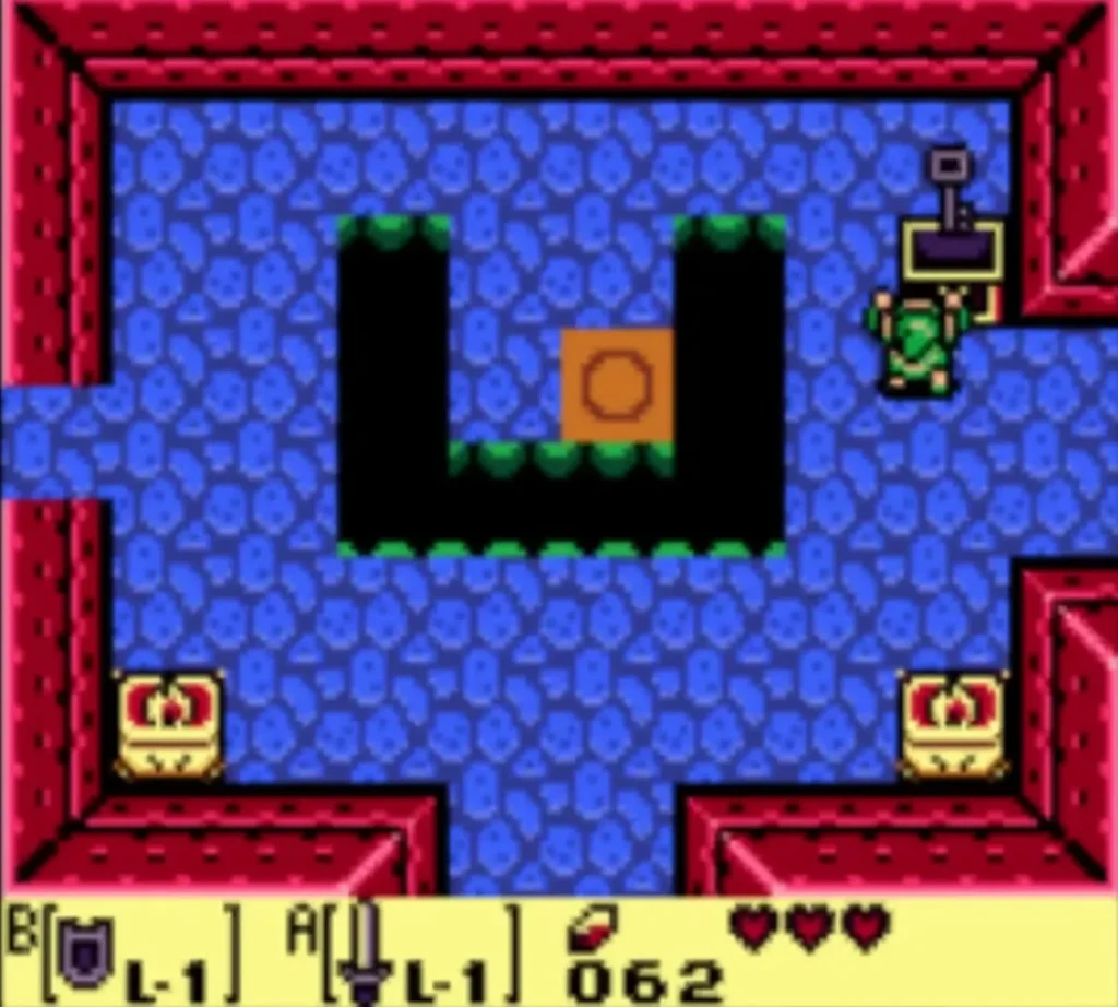 Link stands beside a chest that has just appeared in the pit room Link stands beside a chest that has just appeared in the pit room