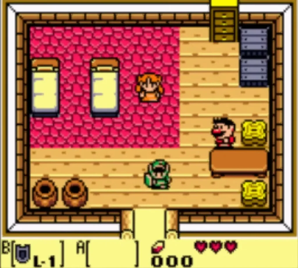 Link with the Shield equipped walking toward the doorway of the house Link with the Shield equipped walking toward the doorway of the house