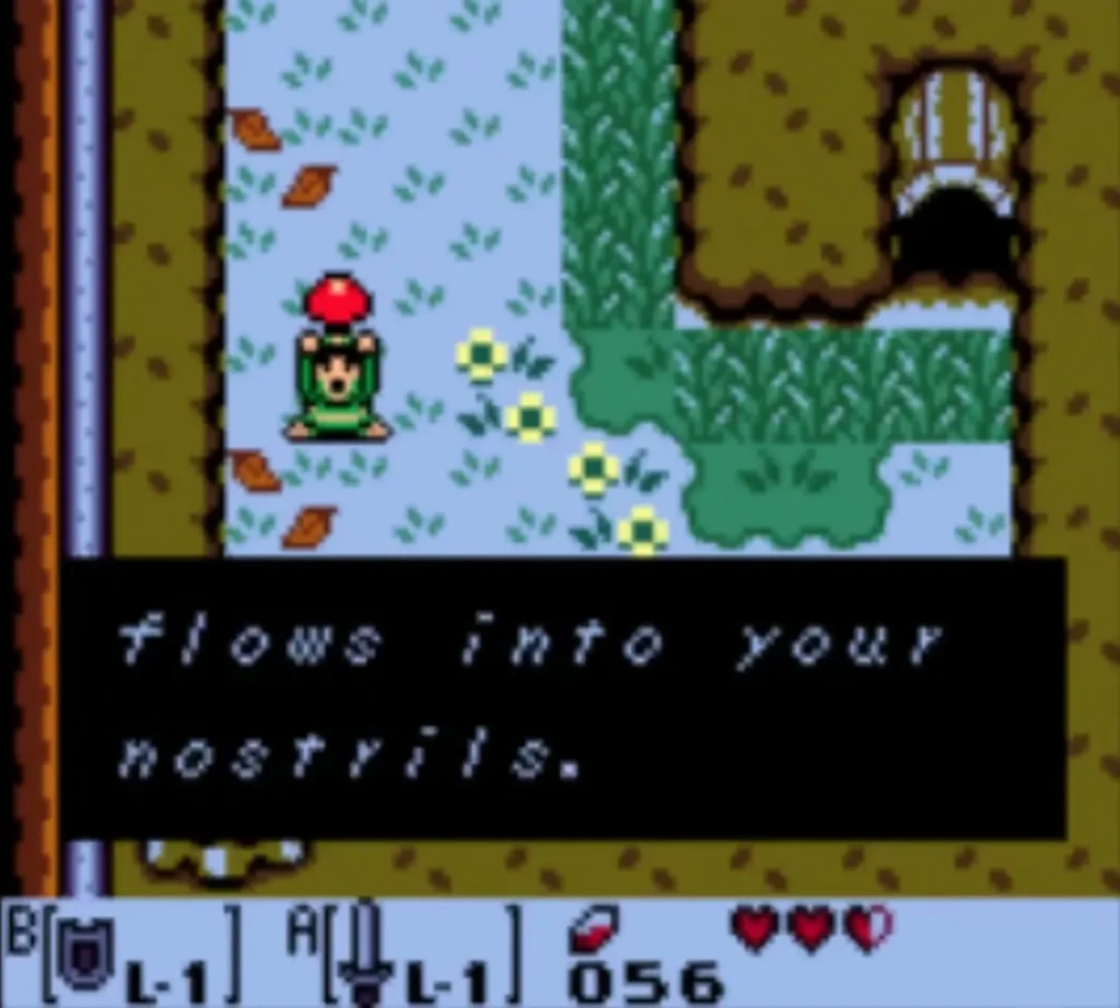 Link holds the Sleepy Toadstool overhead as a text box describes its scent Link holds the Sleepy Toadstool overhead as a text box describes its scent