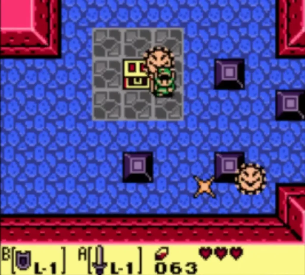 Link waits beside a closed chest while a Spark circles nearby Link waits beside a closed chest while a Spark circles nearby