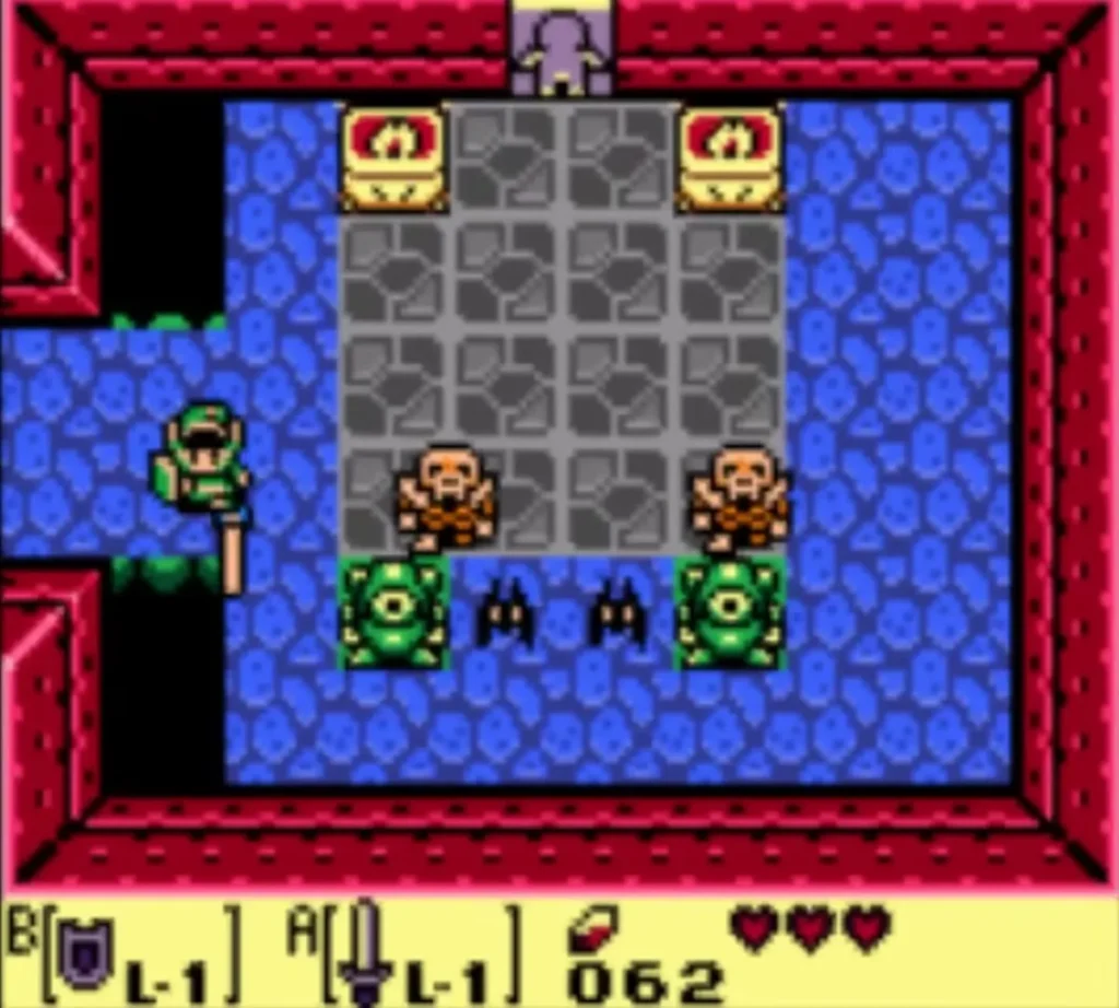 Link by the west door of a blue-tiled room with two Stalfos and two Keese Link by the west door of a blue-tiled room with two Stalfos and two Keese