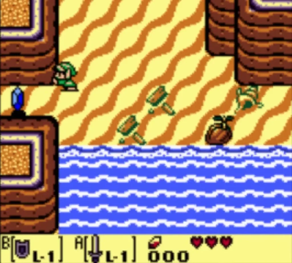 Link walks along the shore with the Sword on the A button and the Shield on B Link walks along the shore with the Sword on the A button and the Shield on B
