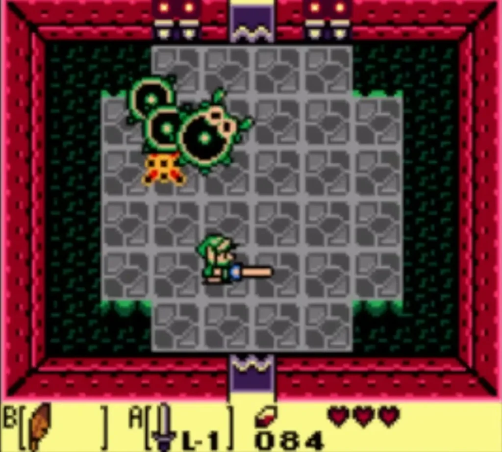 Link swings the Sword across the grey floor while Moldorm coils in the top-left Link swings the Sword across the grey floor while Moldorm coils in the top-left