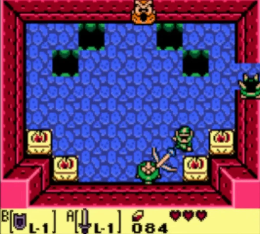 Link swings his Sword in a blue-floored Tail Cave room with chests in the corners Link swings his Sword in a blue-floored Tail Cave room with chests in the corners
