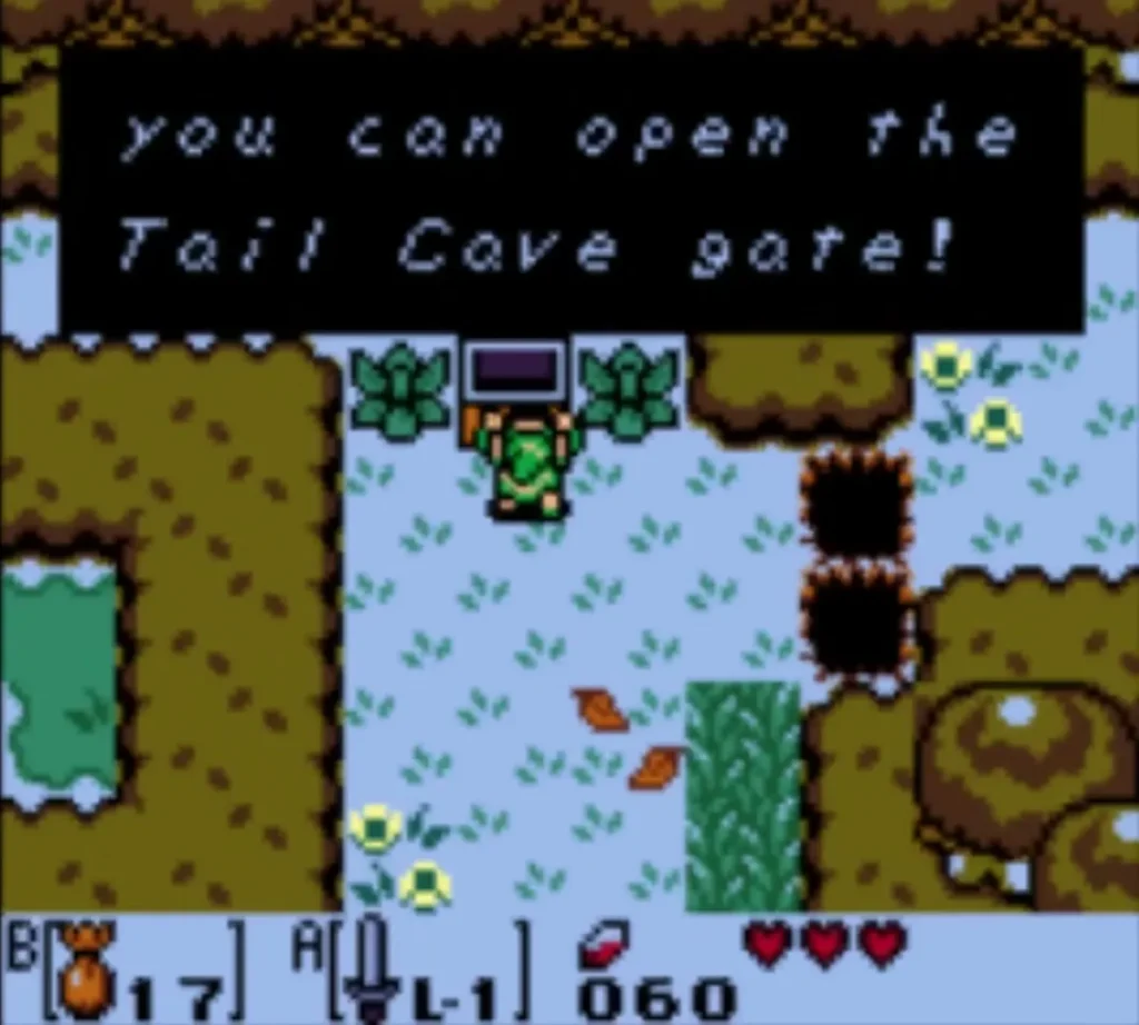 Link beside the chest in the forest with a message about opening the Tail Cave gate Link beside the chest in the forest with a message about opening the Tail Cave gate